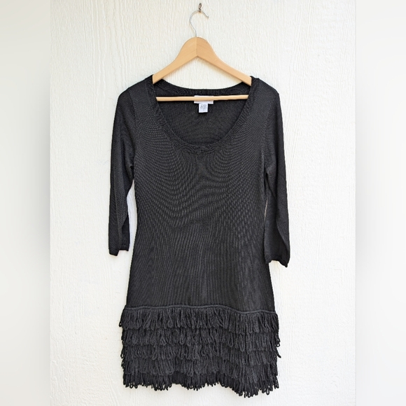 Soft Surroundings Black Theodora Fringe Wool Blend Sweater Dress Petite Small - Picture 1 of 4